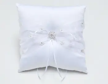 

Pure White Color Wedding Ring Pillow with Ribbons and Rhinestones