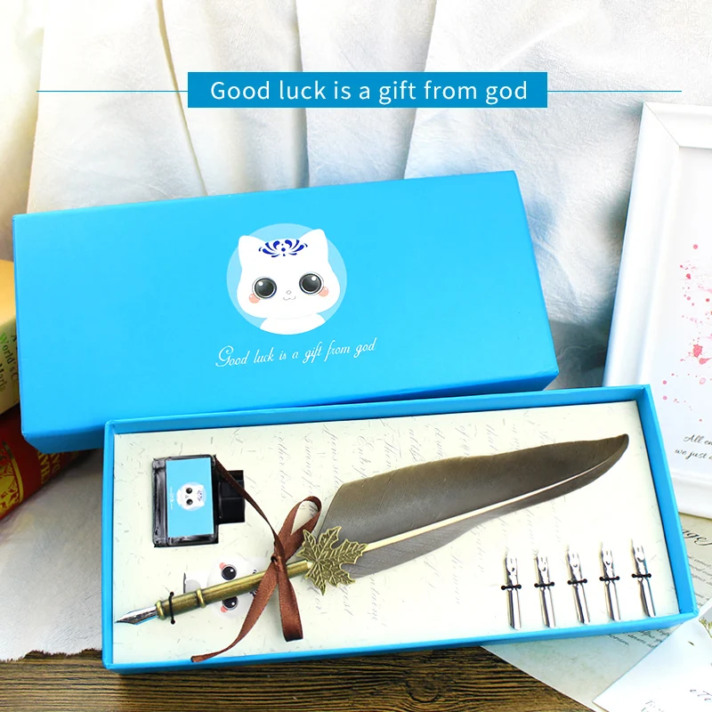 English Calligraphy Writing Feahter Quill Pen in Set with ink Fountain Lovely Birthday Gifts Christmas Box for Student 5Nibs | Канцтовары