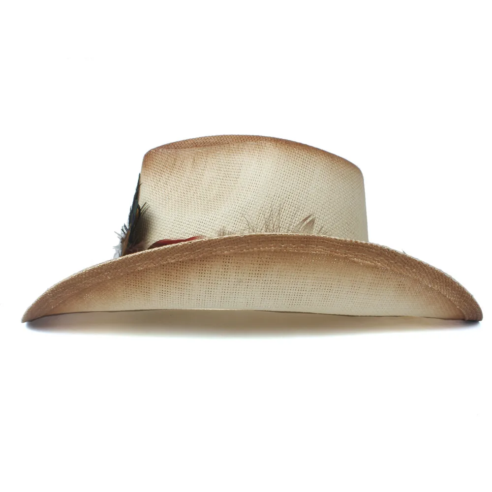 Женская Соломенная западная ковбойская шляпа летняя женская пляжная шляпа с перьями Sombrero Hombre красная Панама Cowgirl Jazz Sun cap размер 56-58 см