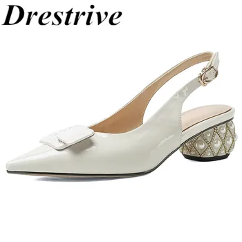 

Drestrive Women's Sandals Patent Leather Pointed Toe Buckle Mid Heels 4.5 cm Pearl Black 2020 Summer Thick Heels Shallow