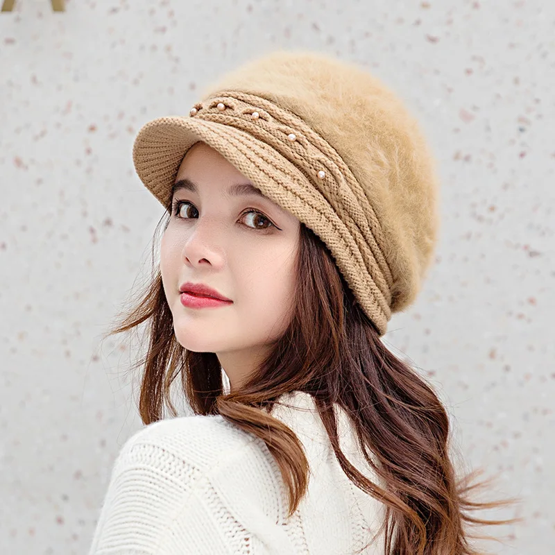 USPOP winter hats women berets female rabbit hair pearl hat thick warm knitted hats knitted visor cap