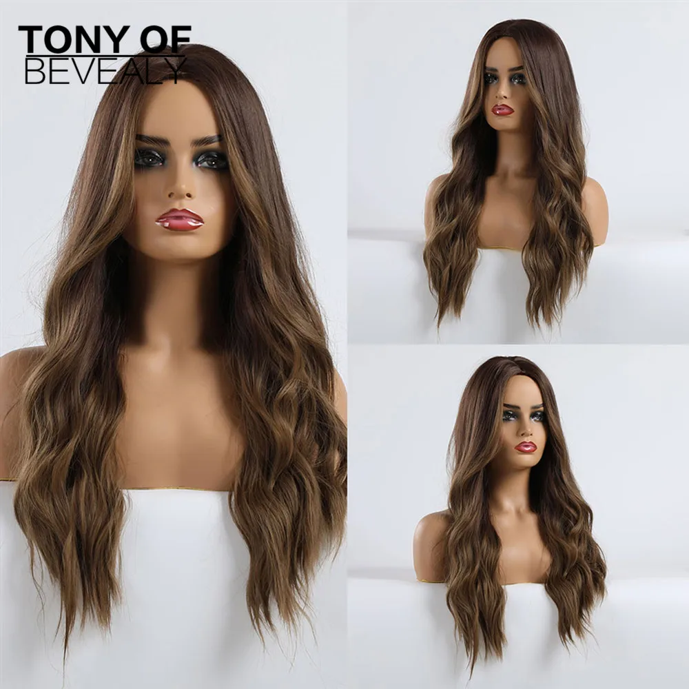 Long Water Wavy Synthetic Wigs Ombre Brown Middle Part Natural Hair Wigs For Women Cosplay Wigs Heat Resistant Fiber