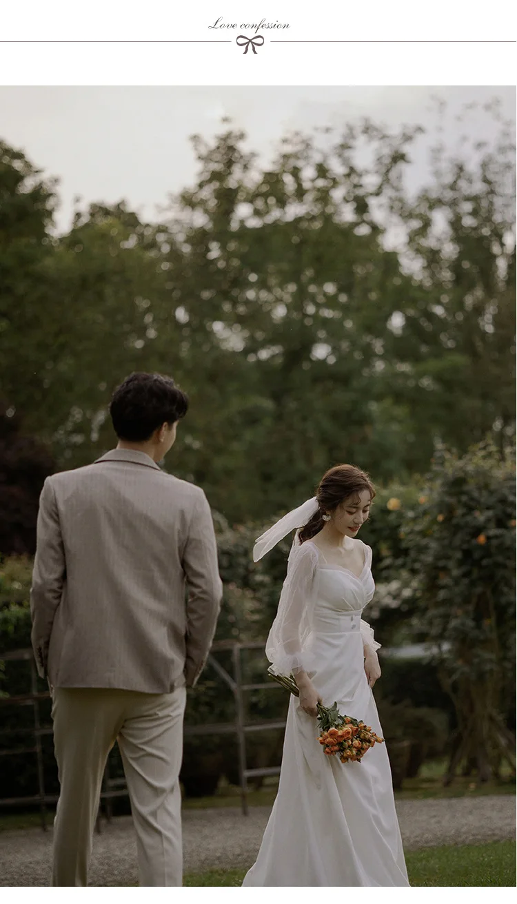 KAUNISSINA Korean Style Wedding Dresses Buttons Long Sleeves Sweep Train Bridal Dress Floor-Length Satin Bride Gown bridal gowns
