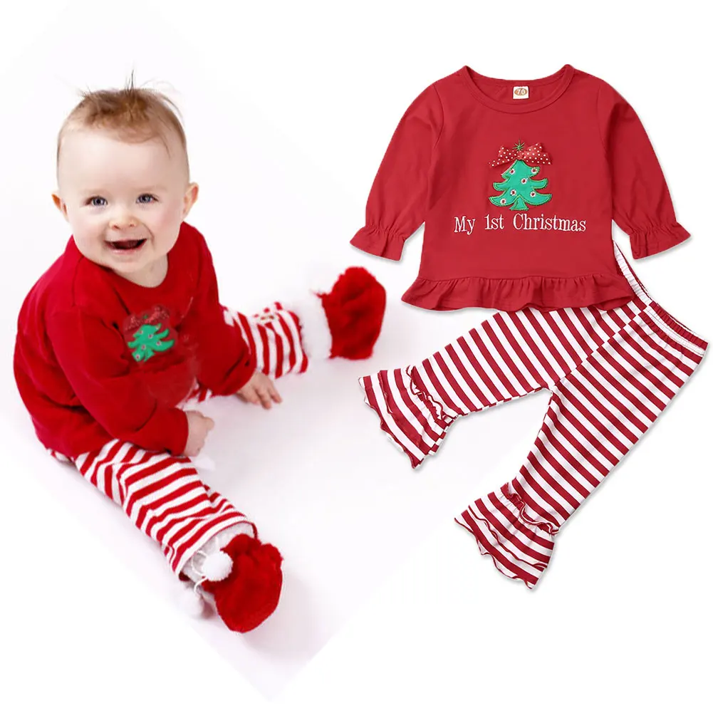 Коллекция года, осенняя одежда для малышей футболка с рождественской елкой для маленьких девочек Полосатые брюки комплекты рождественской одежды из 2 предметов для детей возрастом от 0 до 24 месяцев