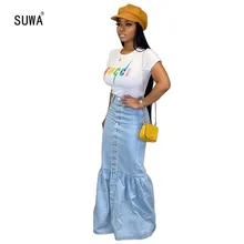 Джинсовые юбки в пол, Модные Длинные Юбки Русалки на пуговицах, Классический светильник, синие повседневные юбки для женщин B9212G