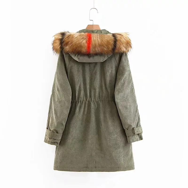 

Winter New Style Korean-style Fashion Corduroy Fur Collar Hooded Waist Hugging Cotton Coat 826