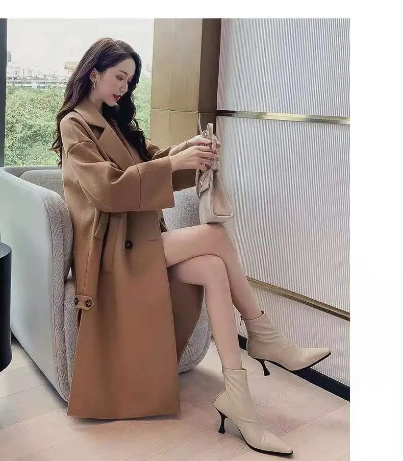 Осенняя и зимняя новая стильная шерстяная куртка в Корейском стиле, Женское шерстяное пальто средней длины выше колена с разрезом Хепберн