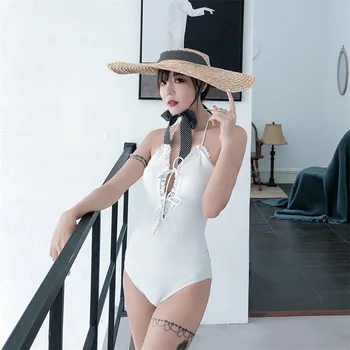 

One Piece Swimsuit Swimwear Women 2019 Bikini Lady's Swim Wear 1 Korean Two Female Backless Lace Up Block Thin Swimsuits With