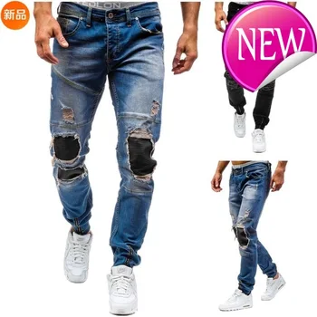 

American European and nightclubs hip hop west coast high street style hip-hop slim fit zipper PU stitching black jeans men's Bri