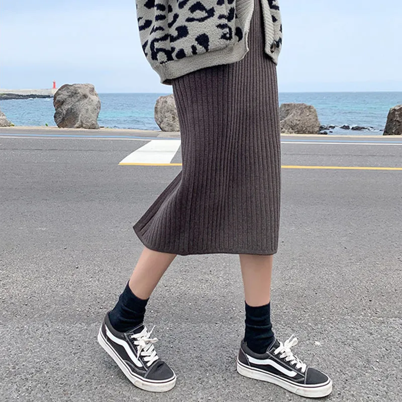 Fdfklak трикотажная юбка, женская осенняя и зимняя плотная Шерстяная Юбка, плиссированная юбка средней длины, свитер, юбки, раздельная одношаговая юбка