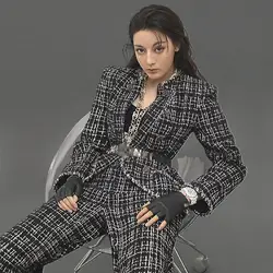 Звезда с твидовым маленьким бризом костюм 2019 новый костюм, пиджак в клетку женщина зубчатый двубортный плед черные куртки пальто женщин