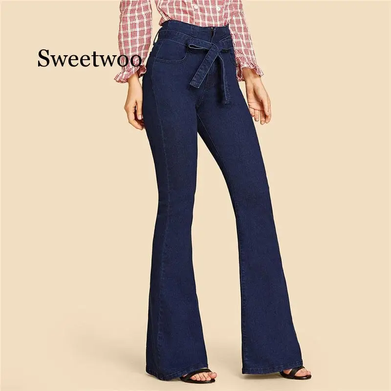 blue Tie Waist Flare Jeans Women Slim Denim Trousers 2020 spring High Waist Pants Belted Stretchy wide leg jeans
