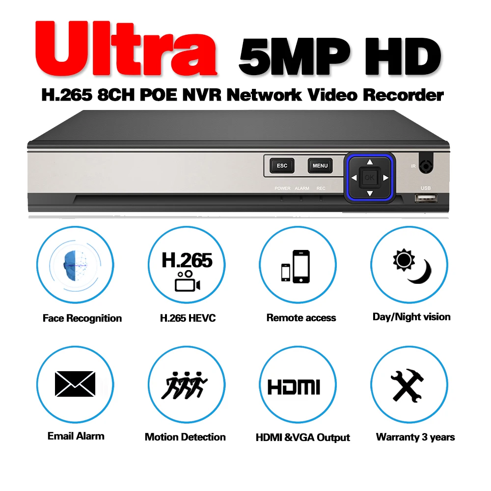  Full HD 5.0MP 8 Channel CCTV System 5MP IP Camera POE NVR HDMI Audio Sound Monitor Record Email Ala - 4.00021E+12