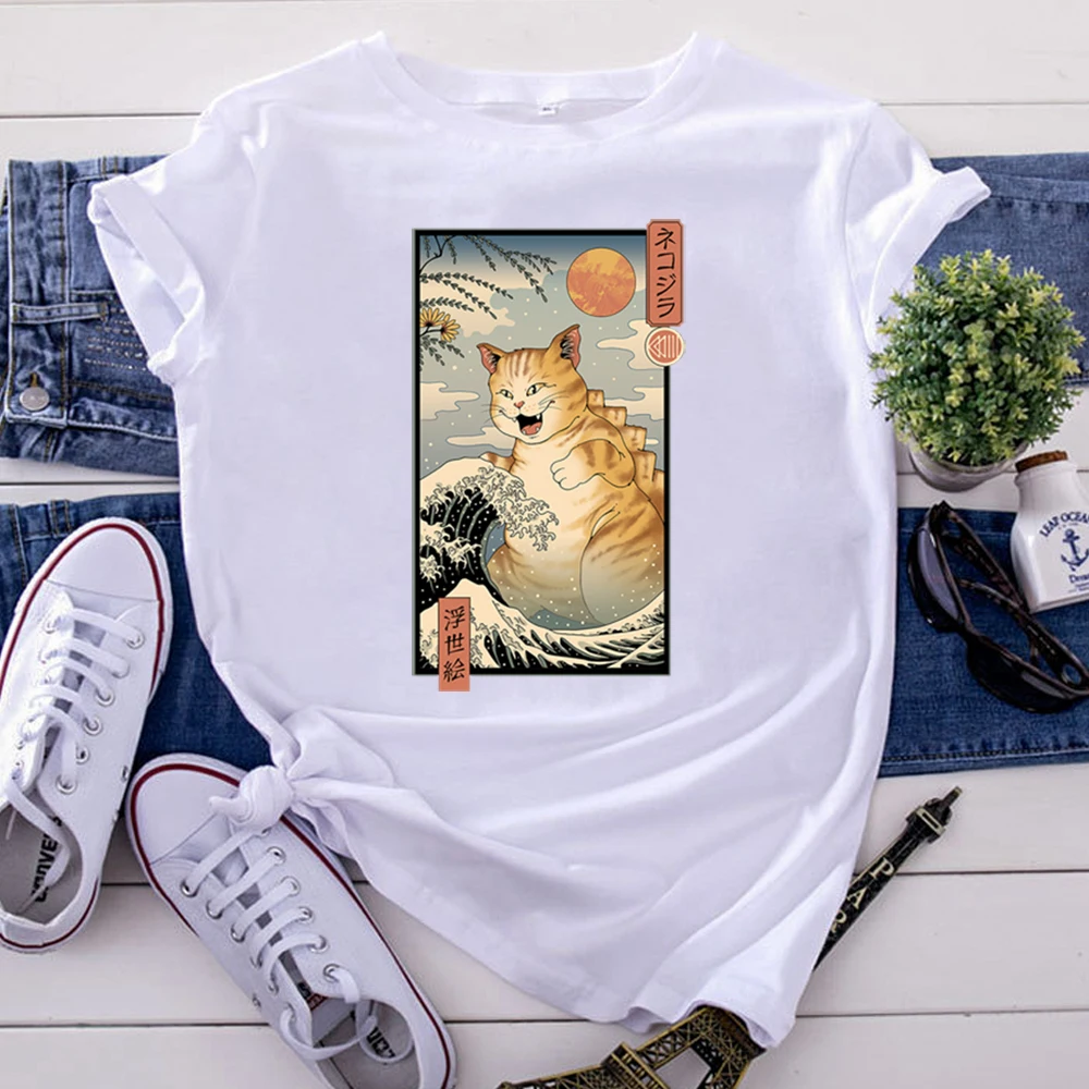 Kawaii Loverly Cats Cartoon Image Printing T Shirts For Woman Crewneck Cotton Women T-Shirts Harajuku Gothic Women'S Clothing