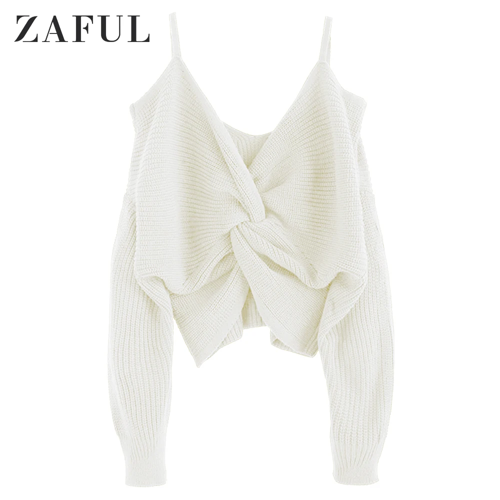 ZAFUL, пуловер с v-образным вырезом и открытыми плечами, свитер, 8 цветов, женские джемперы, Осенние повседневные топы с длинным рукавом, вязаные свитера