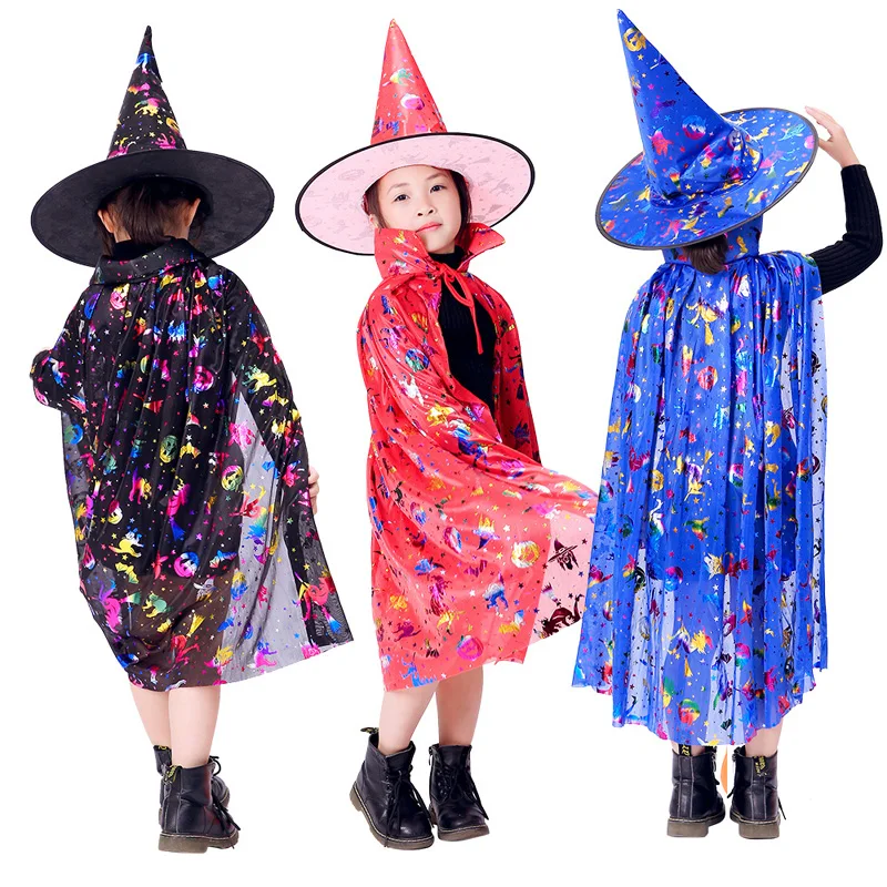 Kids Happy colorful Halloween princess Costume Set Wizard Witch Cloak Cape Robe and Hat for Boy Girl