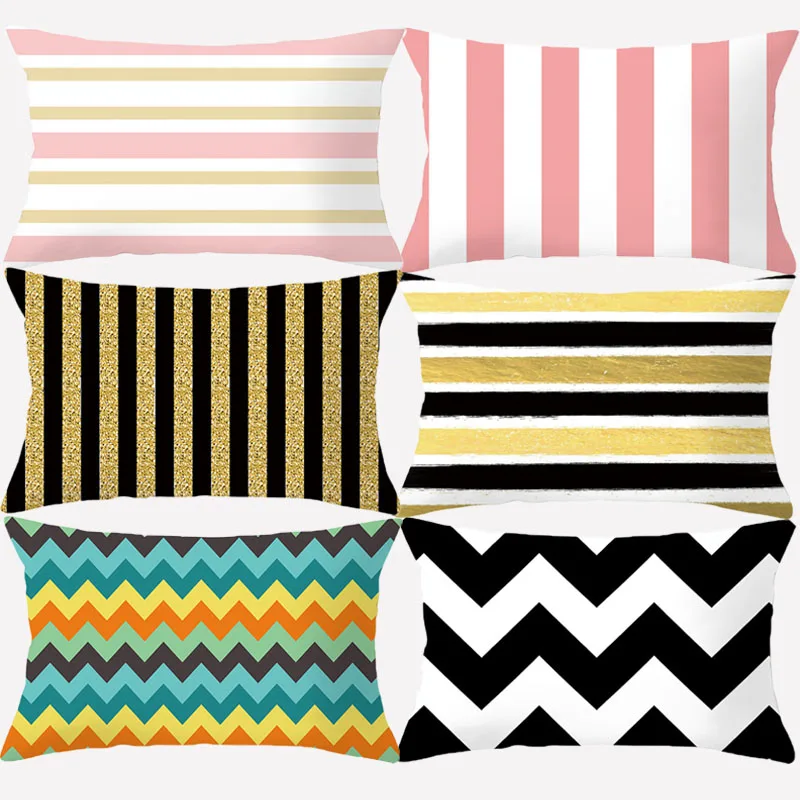Colorful Geometric Rectangle Cushion Cover Polyester Decorative Pillowcover Single Side Print Black Pink Yellow Strip Home Decor | Дом и сад