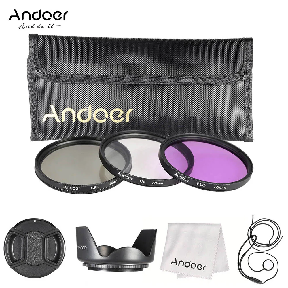 Andoer 58 мм Комплект фильтров для объектива камеры(UV+ CPL+ FLD)+ нейлоновый чехол для переноски+ крышка объектива+ держатель крышки объектива+ бленда+ Ткань для очистки