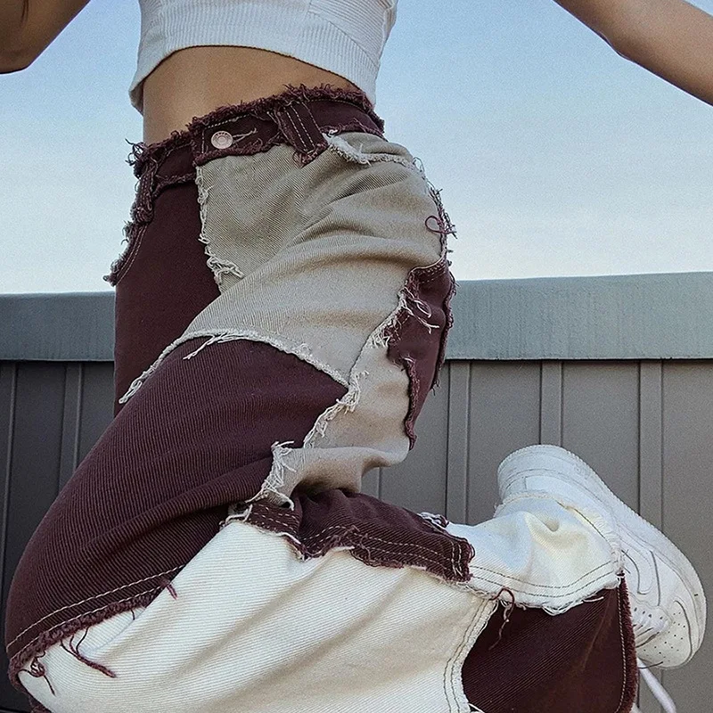 

Patchwork Design Pants Women Fashion 2020 High Waist Trousers Hip Hop Straight Streetwear Pockets Button Fly Casual Female Pant