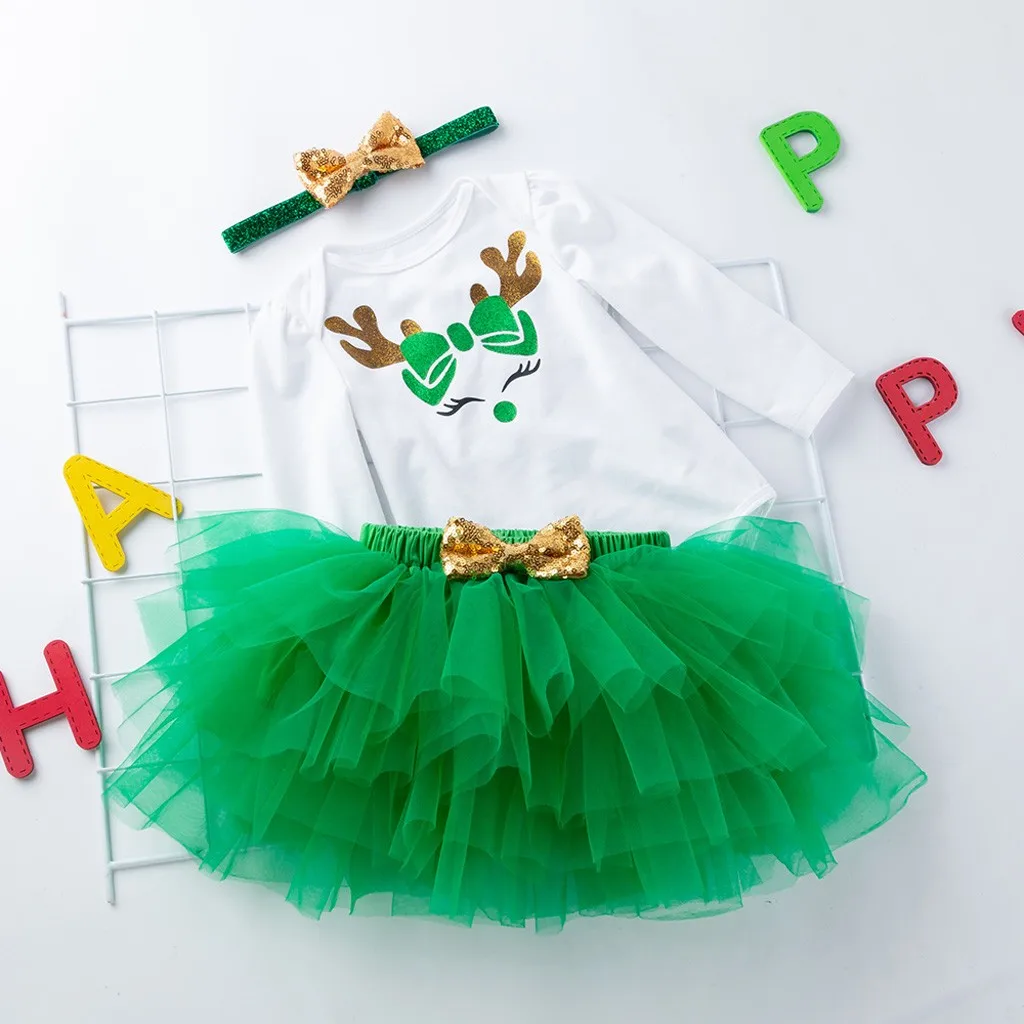 Christmas Infant Baby Girl Clothes Set Deer Print Bodysuit Skirt Headband 3pcs Outfits Happy New Year Newborn Clothing For Baby
