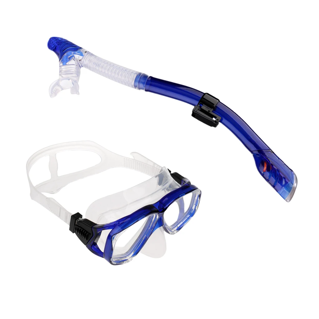 Синий Adults Diving Snorkel Set- Anti-Fog Tempered Glass Lens Diving Goggles Scuba Mask with Easy Breathing Tube Snorkeling Swimming - Цвет: Синий
