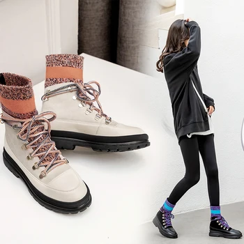 

women's boots natural leather + Knitted fabric Cowhide+suede upper short boots woman winter shoes Colorful knitted Sock boots