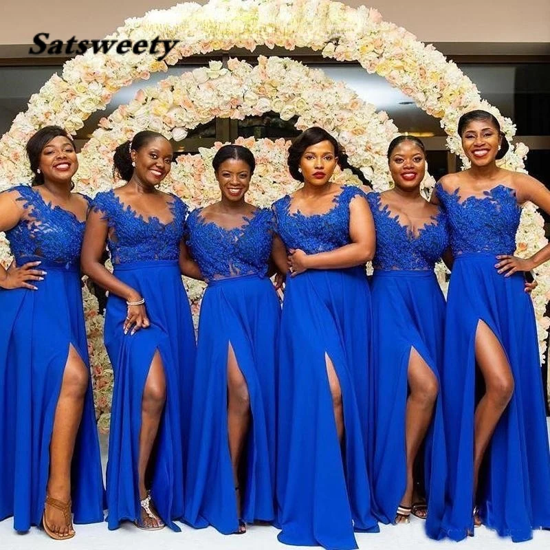 Africký královský modrá krajky družička šaty lodni linky rozseknout šifon svatební cizozemský dlouhé služebná z uctívat gowns plus rozměr večírek