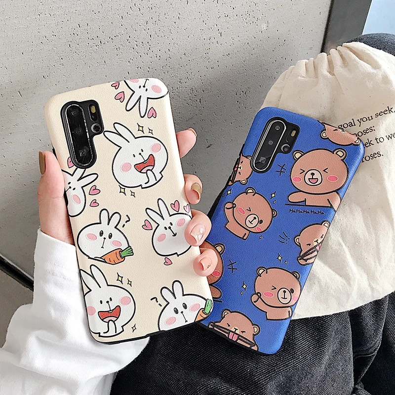 Чехлы с шелковой текстурой для huawei P20 P30Pro mate 20 30Pro, мягкий чехол с изображением кролика медведя для huawei Nova 3 4 5, задние чехлы