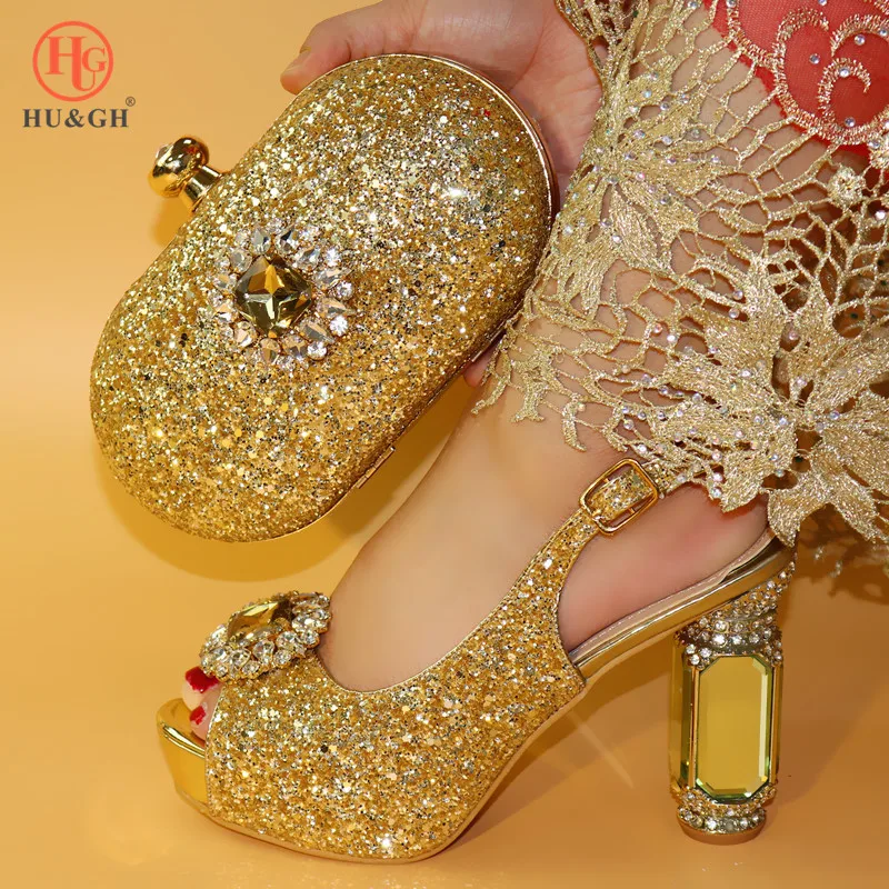 

Latest Gold Color Italian Shoes with Matching Bags Set Decorated with Women Shoes High Heel African Shoes and Bag Matching