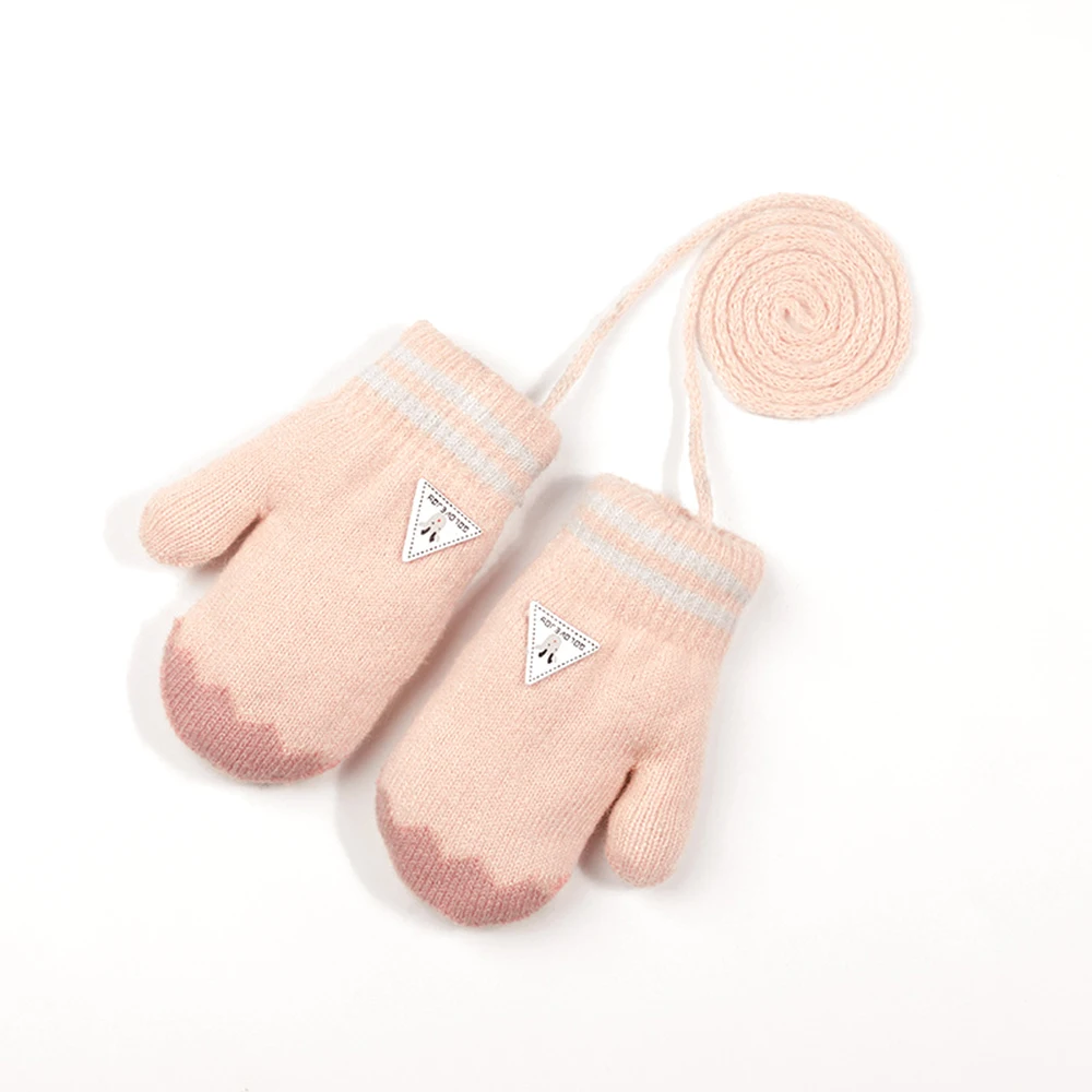 light pink Осенне-зимние детские вязаные теплые перчатки в полоску с рисунком оленя, ветрозащитные Простые перчатки с бархатной подкладкой - Цвет: light pink