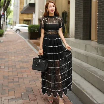 

Striped Black Summer Dress Women Stand Neck Short Sleeve Hollow Out High Waist Party Dress Elegant Runway Long Maxi Dress A575