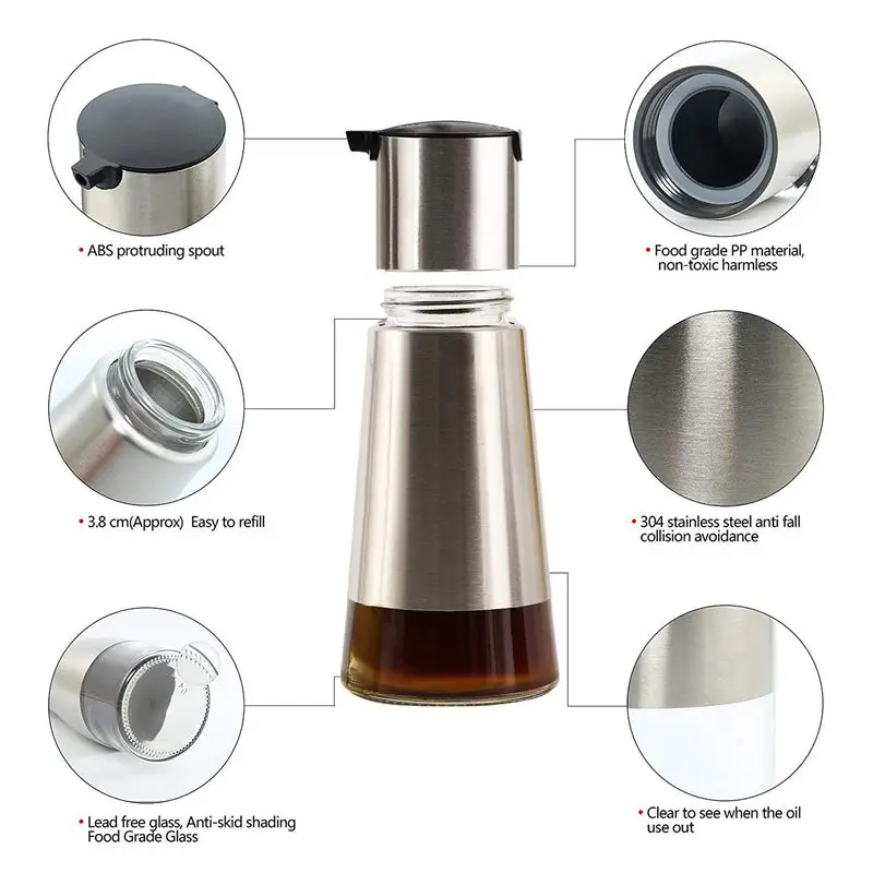 ABUI-Controllable Oil And Vinegar Dispenser 2 Packs, Kitchen Glass Olive Oil Bottle Set, Stainless Steel No Drip Design Small(3