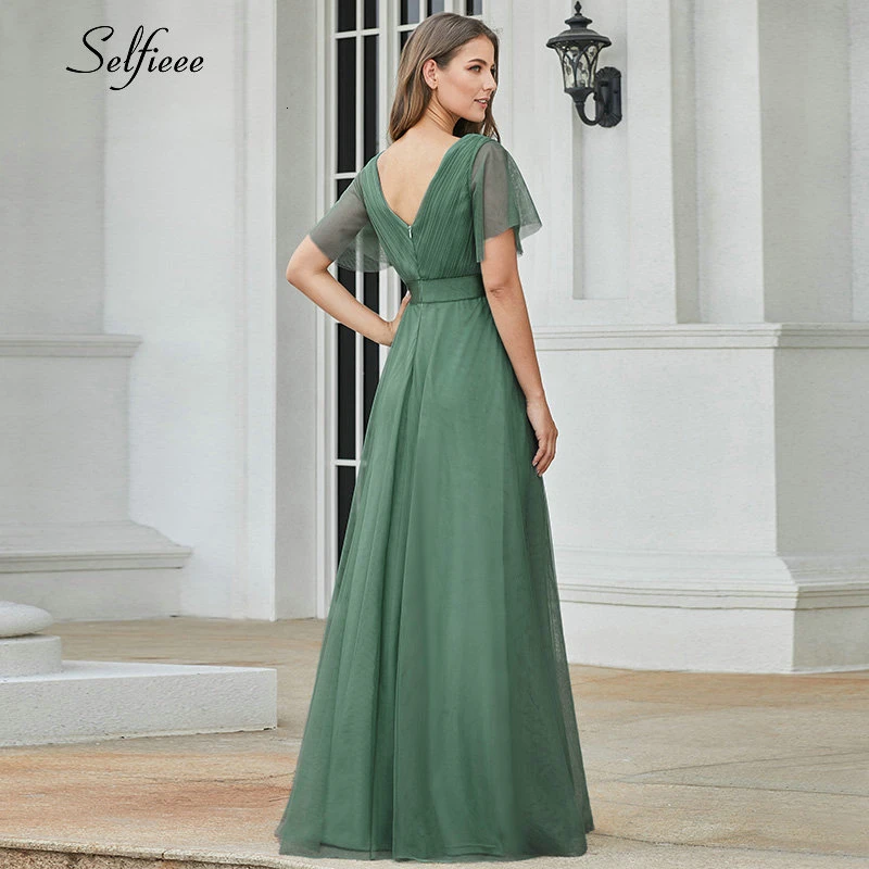 Элегантное женское платье с двойным v-образным вырезом и оборками, с коротким рукавом, длинное, зеленое, с высокой талией, летнее пляжное платье для вечеринки, однотонное, женское платье