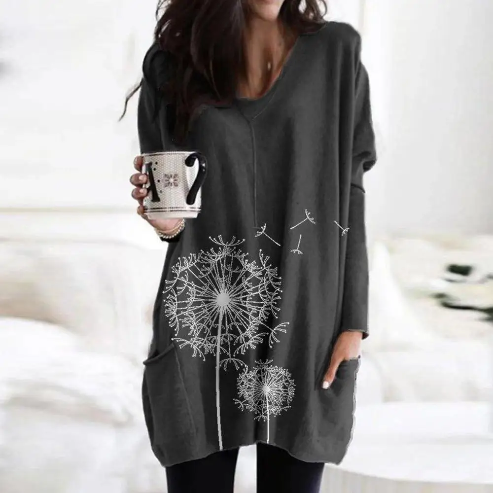 

Women Blouse Plus Size Ladies Casual O-Neck Dandelion Printing Pocket Long Sleeve Tops dames blouses lange mouwen E#