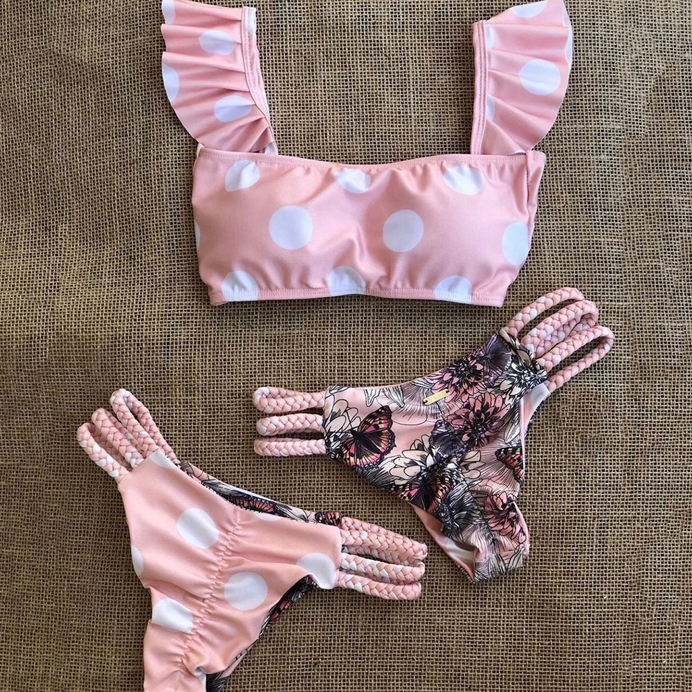 Sexy Bathing Suit Ruffle Strap Biquinis Feminino 2022 Swimwear Double-sided Print Swimsuit Dot Polka Bikini Set Mujer Beach Wear | Спорт и