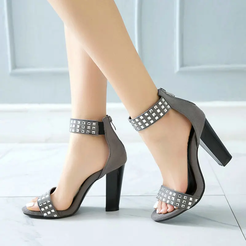 

2020 Summer Women Shoes Fashion Crystal Zipper Women Ankle Strap Sandals Square High Heel Party Women Sandals Faux Suede Shoes