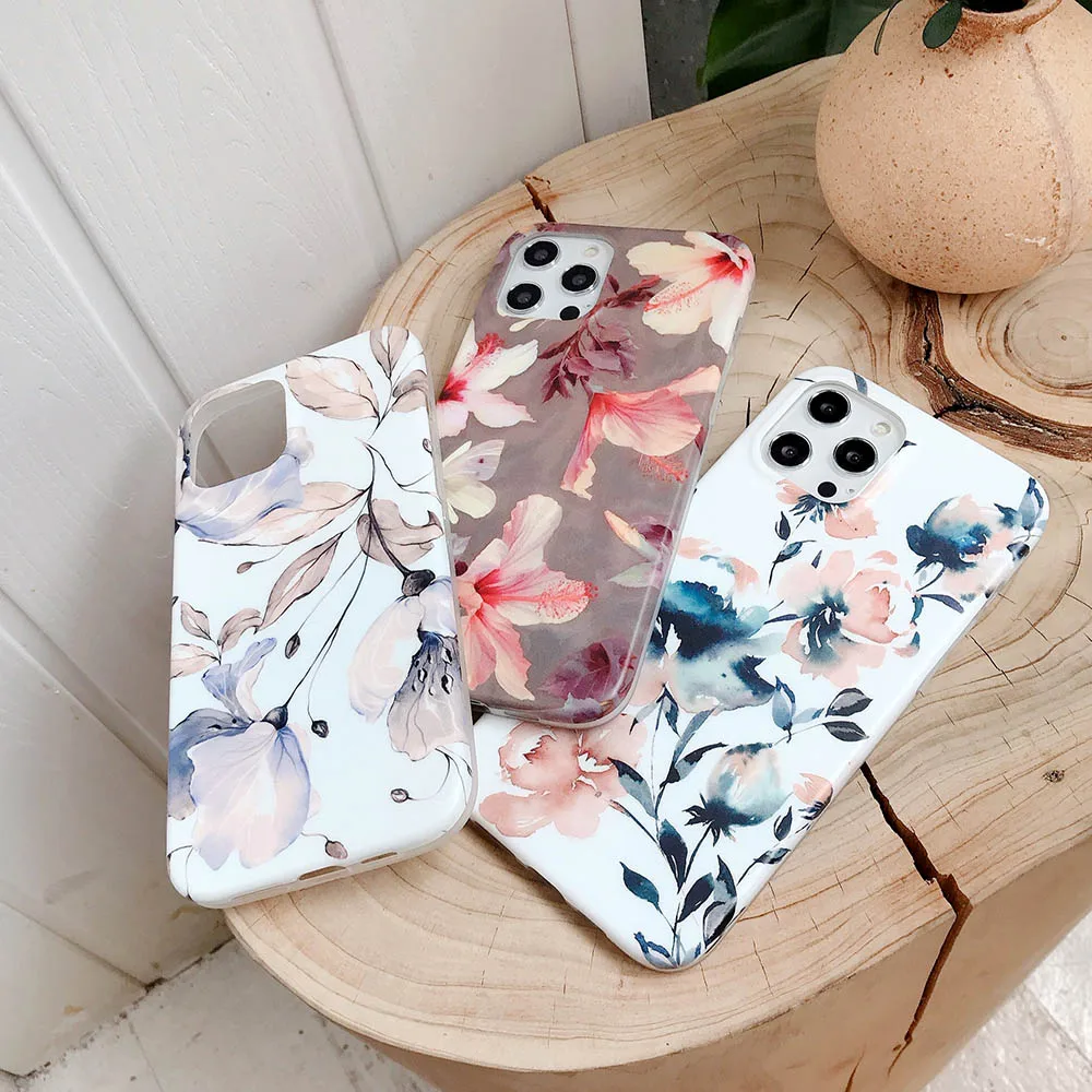 Matte Floral Case For iPhone 12 mini 11 Pro Max XR XS Max X 7 Plus 8 Plus Soft TPU Tropical Leaf Flowers Girl Phone Cases Cover