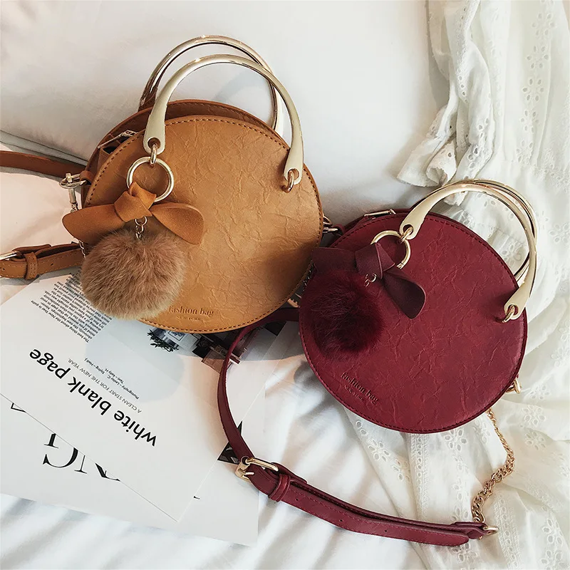 

2019 Women Burst Crack Sweet Lady Hair Ball Pendant Small Round Bag Bow Shoulder Diagonal Handbag