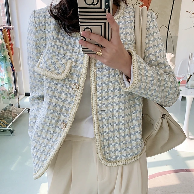 Пиджак женский твидовый, демисезонный, короткий, во французском винтажном стиле, клетчатая одежда 1