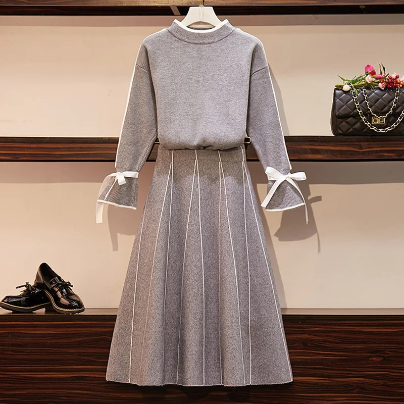 

Women Autumn Knited 2 Piece Set Office Ladies Bow Bell Sleeve Solid O Neck Tops And A Line Stripe Skirt Suit Elegant Two Pcs Set