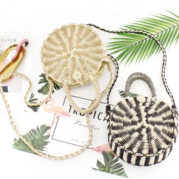 

round two-color straw bag Messenger bag casual small bag small fresh woven bag beach bag trumpet