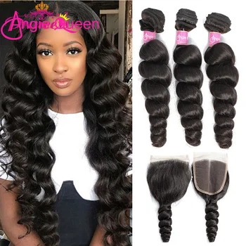 

ANGIE QUEEN Brazilian Hair Weave Bundles With Closure 4 Loose Wave Bundles Human Hair With 4*4 Lace Closure non Remy Hair