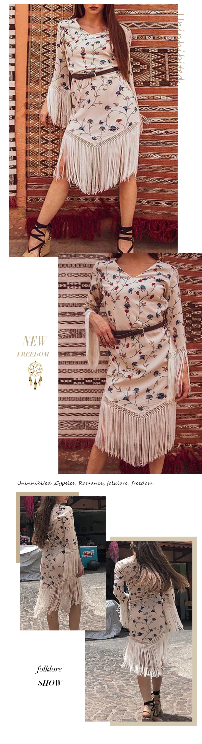 Everkaki мини-платье для женщин с кисточками Boho Цветочный Принт осень длинный рукав повседневное цыганское женское винтажное мини-платье для женщин Новинка