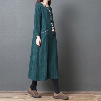 

2018 Autumn New Style Korean-style Loose And Plus-sized WOMEN'S Dress Fashion Comfortable Pure Cotton Long Sleeve V-neck Embroid