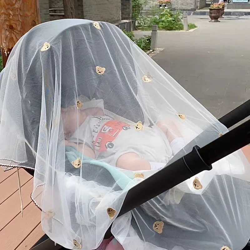 Baby Stroller Cover Breathable Mesh Mosquitoes Net Cartoon Embroidery Bear Sunshade Windshield Sunscreen Curtain