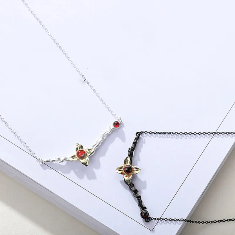 PONYKISS 925 Sterling Silver Garnet Tree Branch Pendant Necklace Delicate Vintage Party Jewelry Accessory Women Fine Gift