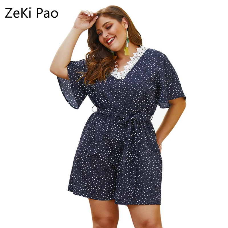 

Fashion Large Size Women 2020 Summer Polka Dot Print Short Jumpsuit Hollow Short Sleeve Backless Wide Leg Jumpsuit Vestidos 4XL