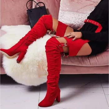 

Red Yellow Black Suede Woman Pointed Toe Over The Knee Long Boots Sexy Lady Buckles Belts Pants Boots High Heel Square Toe Shoes