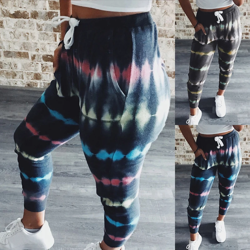 Fashion Womens Tie Dye Pants Casual Loose Streetwear Drawstring Sweatpant Workout Long Trousers with Pockets Summer Harem | Спорт и