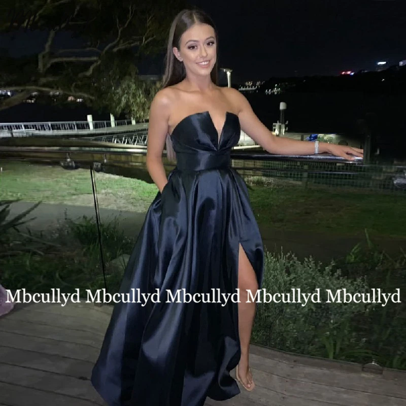 

Goreous Dark Navy Prom Dresses with Pocket V Neck Back Open Women A-Line Split Party Night Formal Occasion Gowns Plus Size
